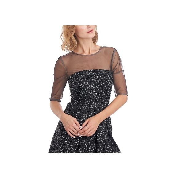 JS COLLECTION Holiday Black Mesh Shirred Bodice Lined Elbow Sleeve Dress 8 New - Picture 4 of 12